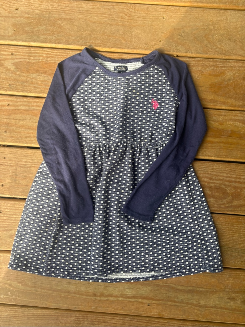 U.S. Polo Assn. Navy and White Polka Dot Long-Sleeve Girls Dress with Pink Logo